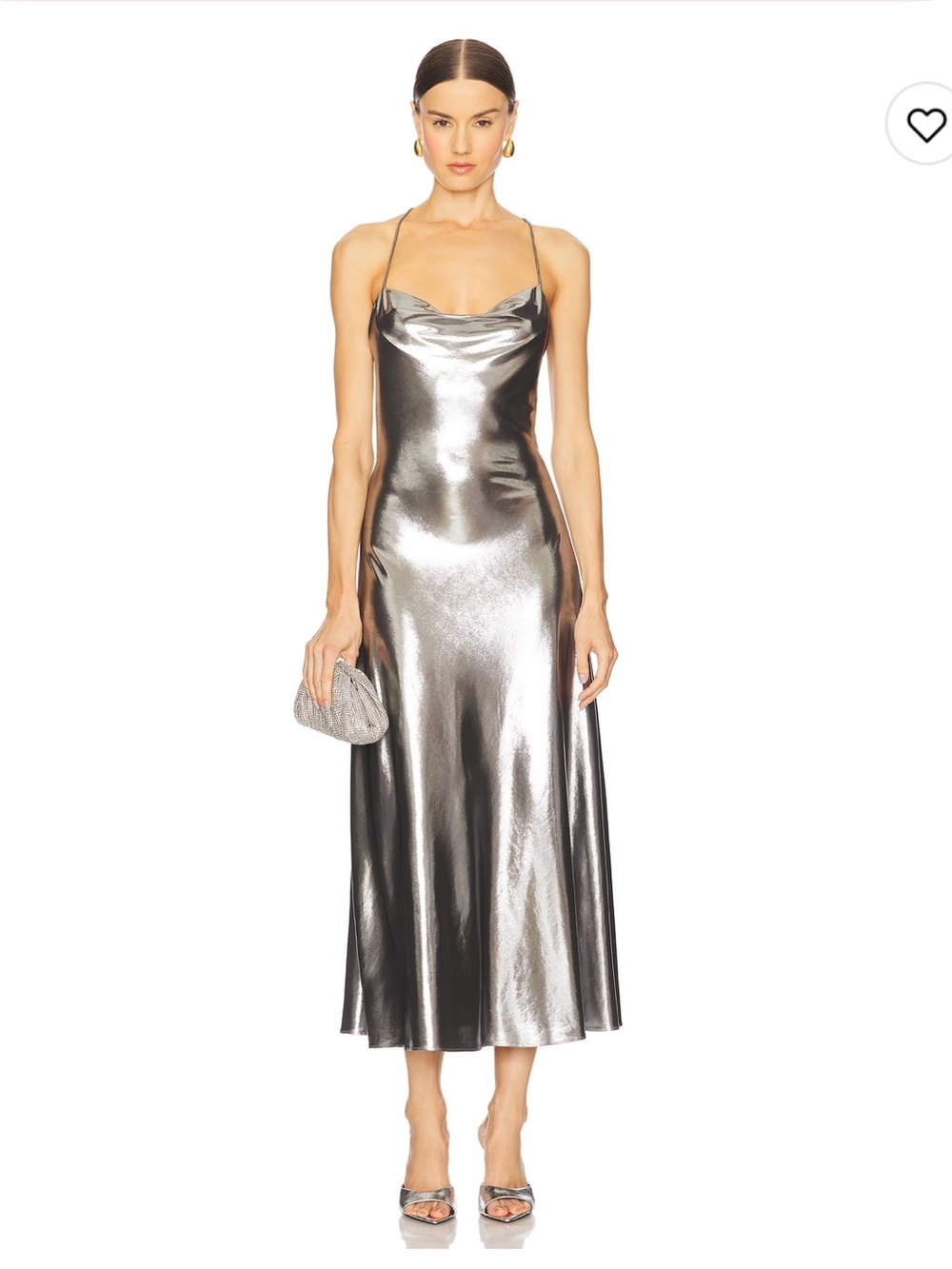 Ronny Kobo Collection Metallic Silver Cowl Slip Dress with Crisscross Straps